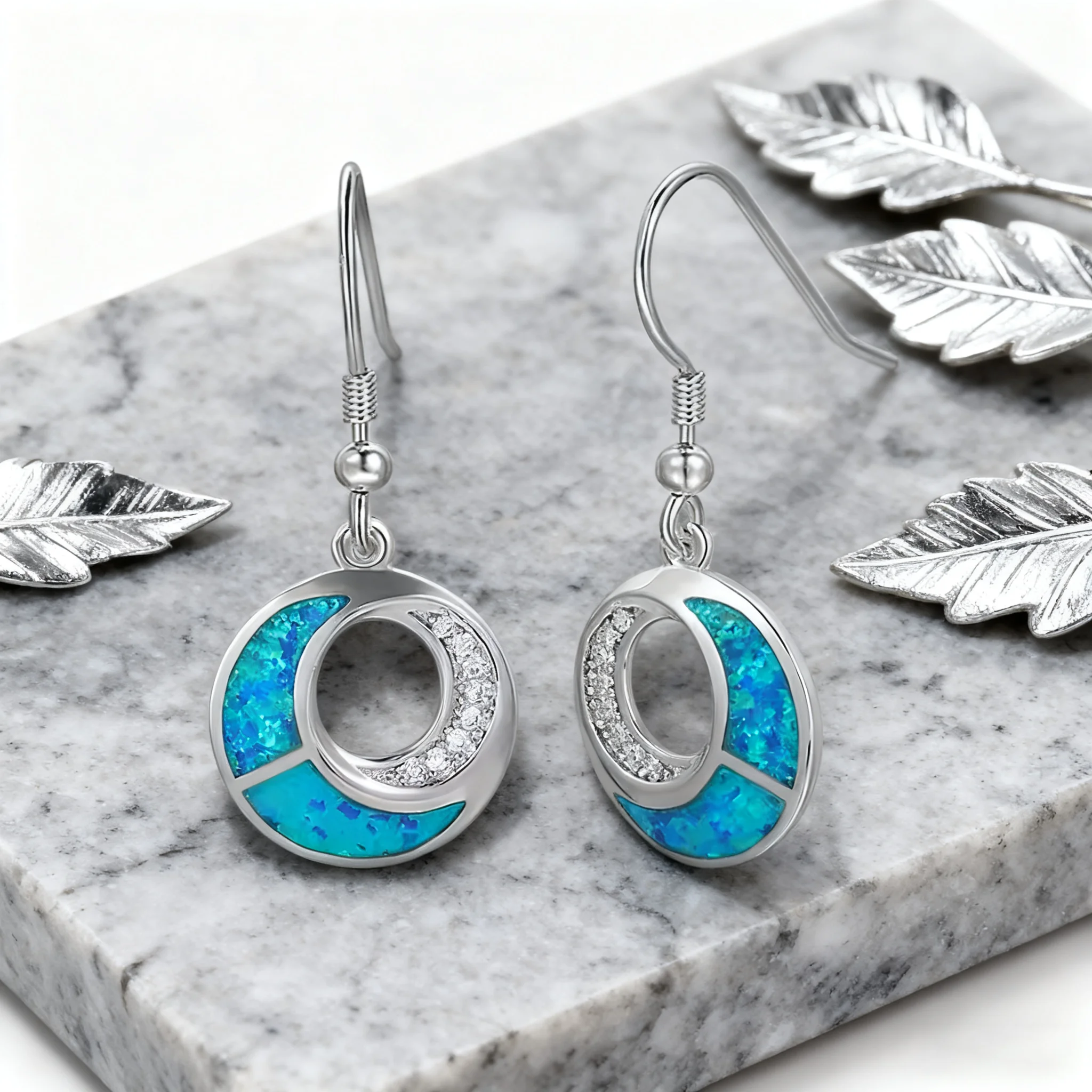Blue Violet Opal Stud Earrings with Intricate Silver-Tone Floral Border, Elegant Vintage Style Boho Jewelry Gift for Women Girls