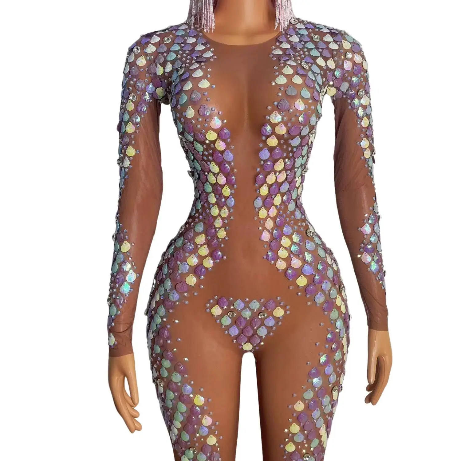 Macacão de Manga Longa em Tule Transparente com Cristais Multicoloridos Caibei, Luxuoso, para Festivais de Música e Festas