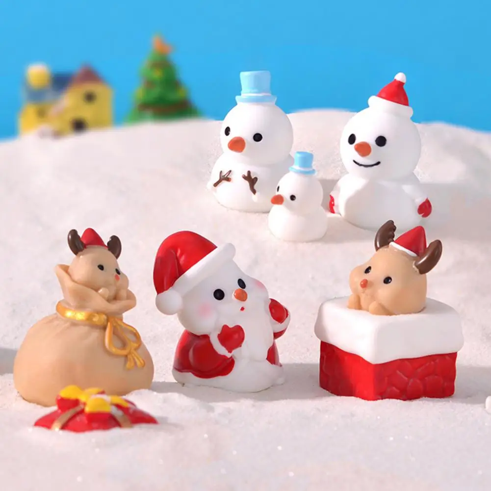 6 Pcs Mini Christmas Resin Santa Claus Snowman Elk Figurines Micro Landscape Xmas Statue Home Decoration DIY Crafts Dollhouse