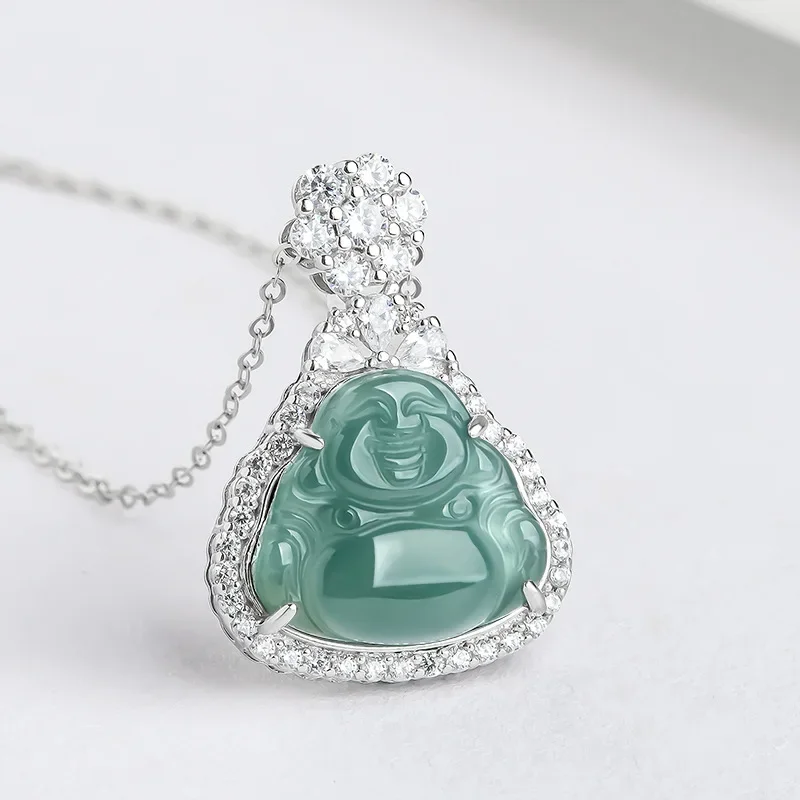 Burmese Jade Maitreya Pendant Emerald Necklace Stone Luxury Natural Amulets Jadeite Gifts for Women Man 925 Silver Blue Jewelry