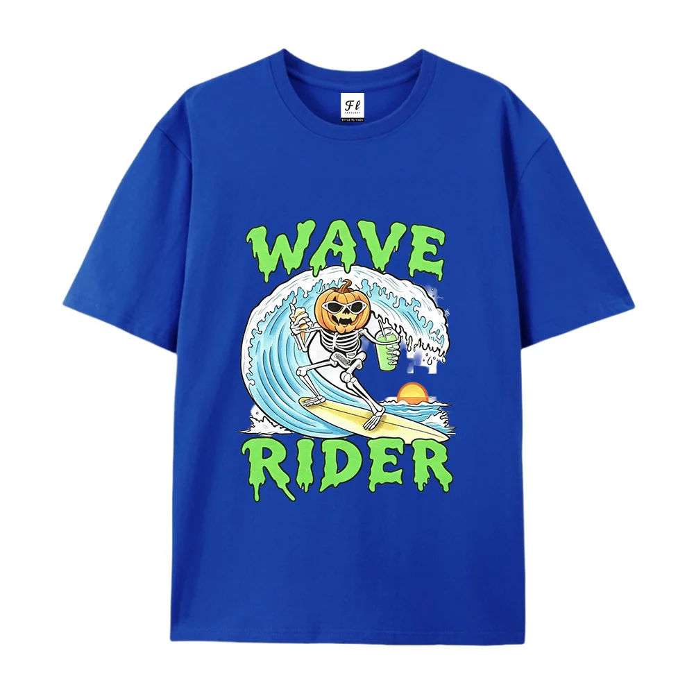 Men Retro Surf Skeleton Pumpkin Print T-shirt Halloween Spooky Graphic Crewneck Short Sleeve Summer Casual Oversized Street Tee