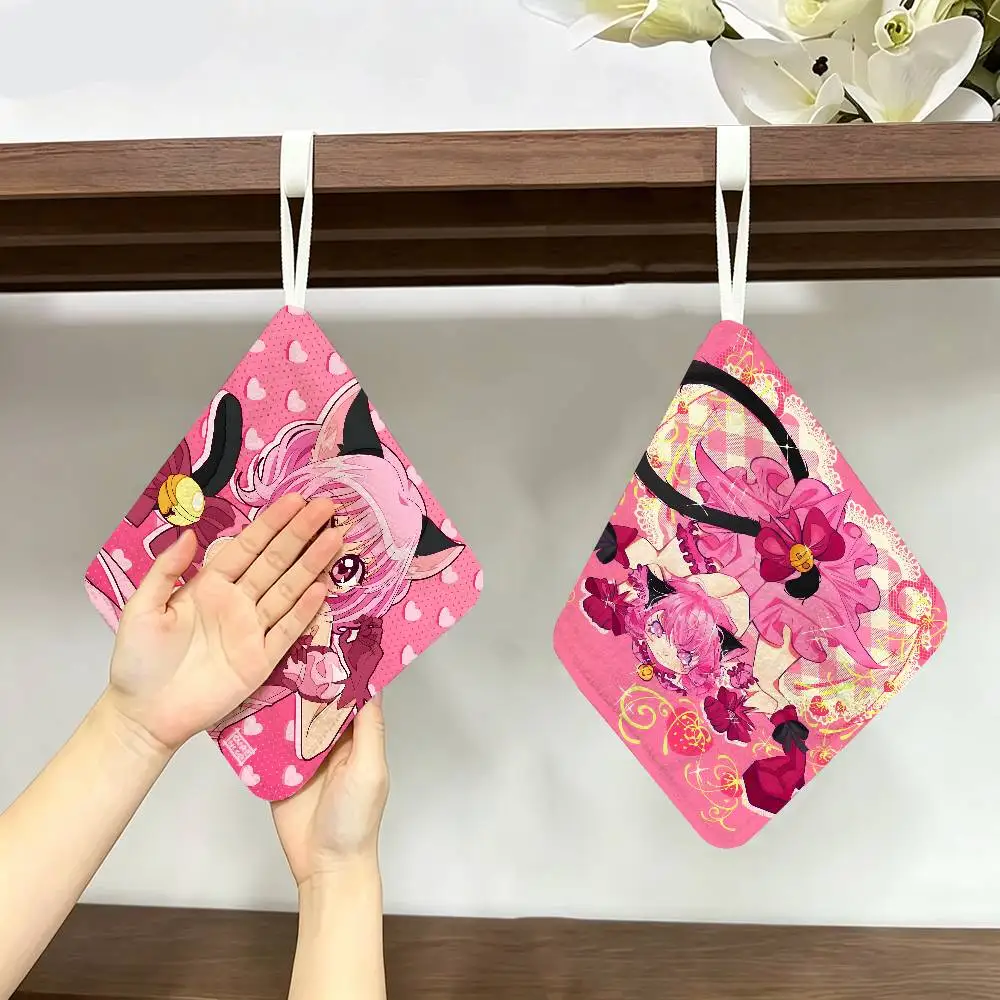 Tokyo Mew Anime Hanging Polyester Cotton Towel, Reusable Hand Wiping Cloth, Wear Resistant for Home Kitchen Sink