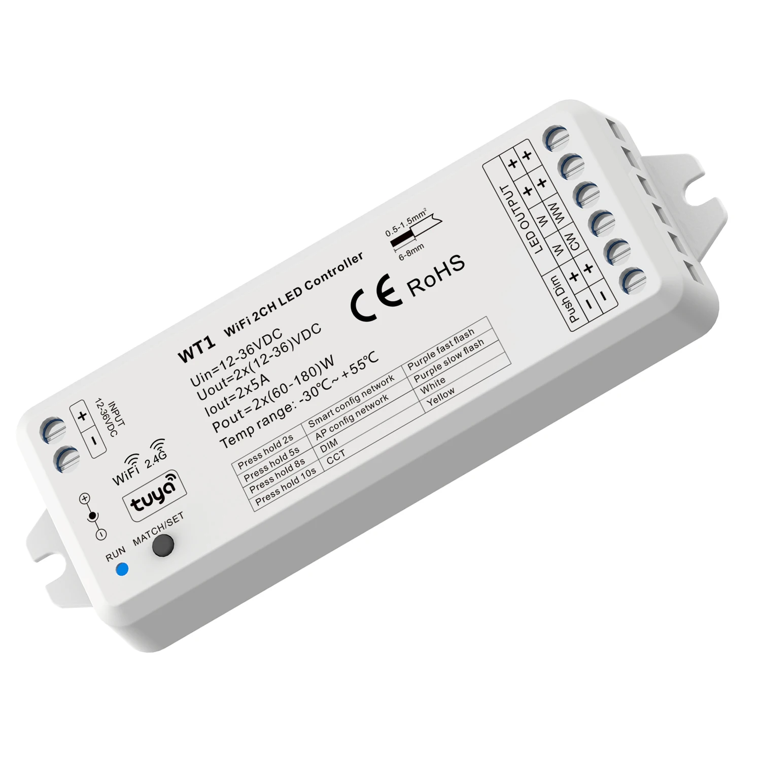 Imagem -02 - Tuya Led Controlador 12v 24v 36v dc 2ch 10a Inteligente Wifi 2.4g rf Controle Remoto sem Fio Interruptor de Escurecimento ww cw Cct Controlador Wt1 Dimer