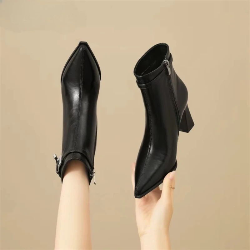 Thick-soled, Chunky Heel, Pointed Toe, Side-zip Waterproof Platform, Versatile, Comfortable, Anti-slip, Commuter Women's Boots