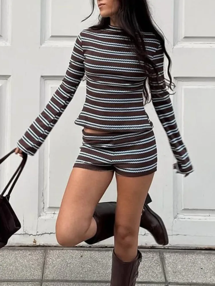 

Woman 2 Piece Set Outfit Long Sleeves Tops And Shorts Slim Fit Round Neck Stretch Stripe Two Piece Set Woman Casual Commuting