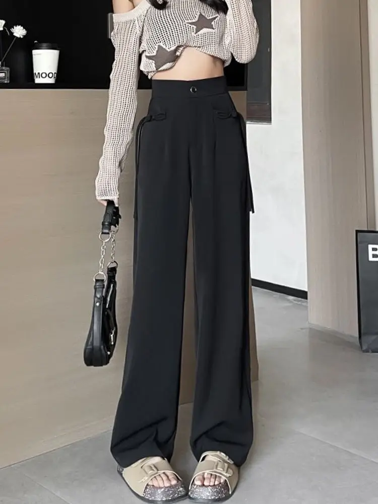 New Chinese Style Buttoned Wide-leg Pants  Women Plus Size High Waist Loose Slimming Drapey Suit Pants