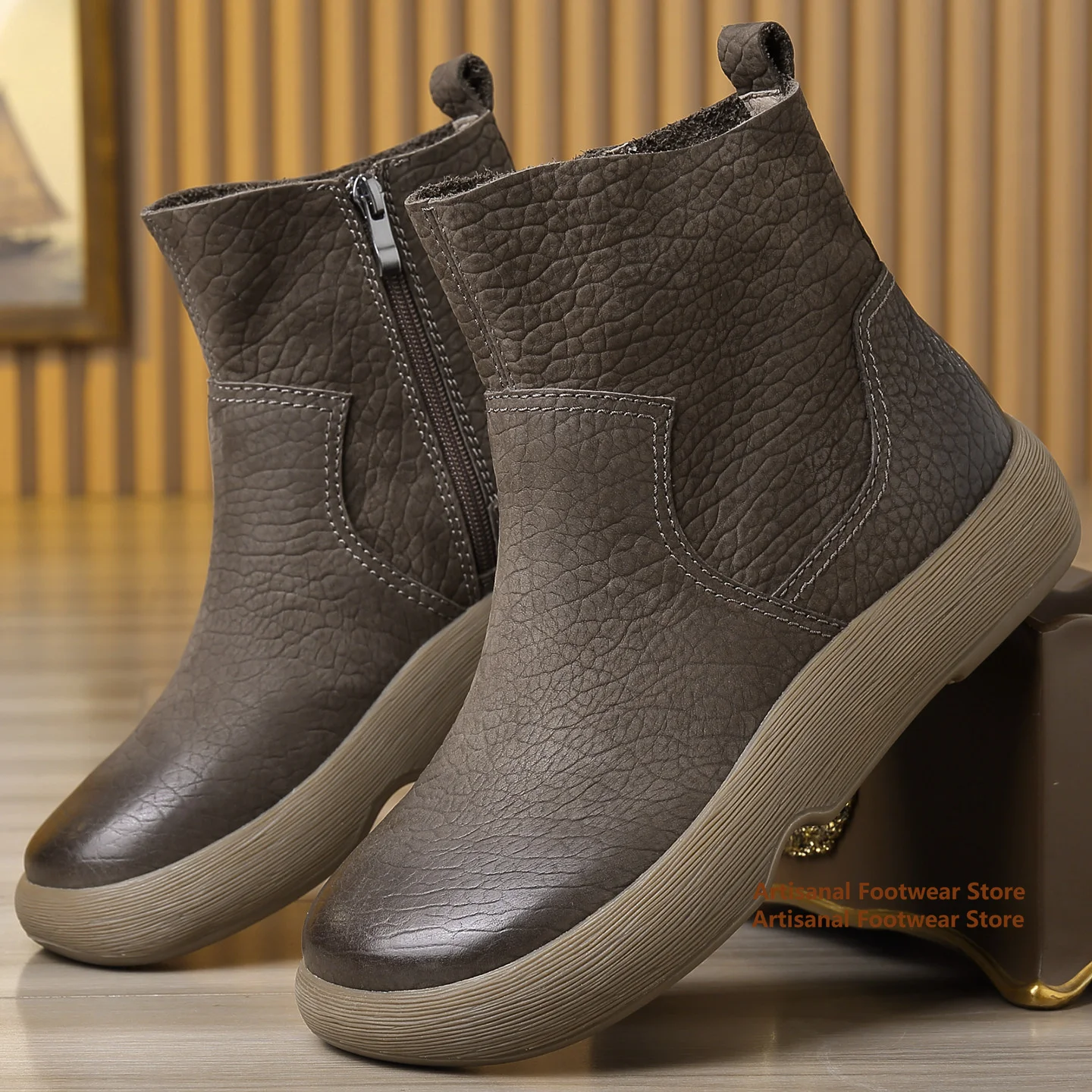 Men's Vintage Leather Ankle Boots Side Zipper Leather Thick Platform Sole Casual Short Booties Trendy Handmade Men's Shoes