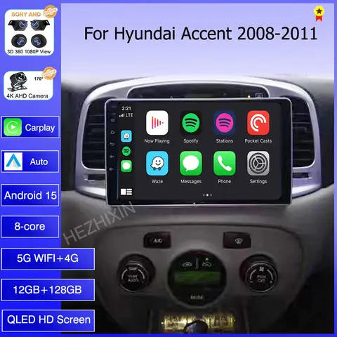 현대 엑센트 3 (2006-2011)용 QLED 헤드 유닛 안드로이드 15 카플레이 카 라디오 멀티미디어 비디오 플레이어 내비게이션 GPS 오토 (2din 아님)