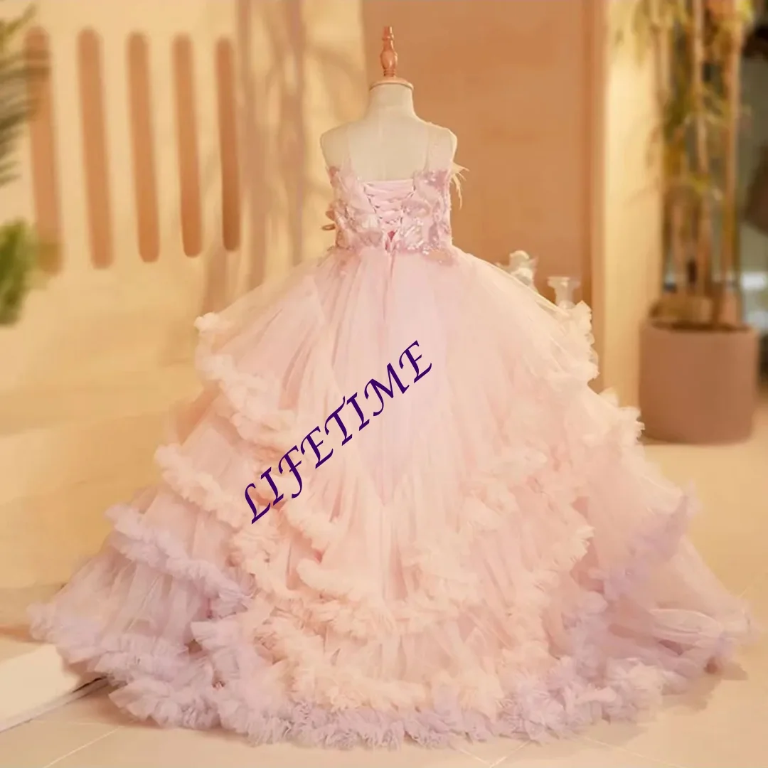 カスタマイズされた高級感あふれる花嫁介添えドレス、羽根飾り付きアラビアンプリンセス風キッズウェディング、誕生日パーティー、舞踏会、聖体拝領式用ガウン