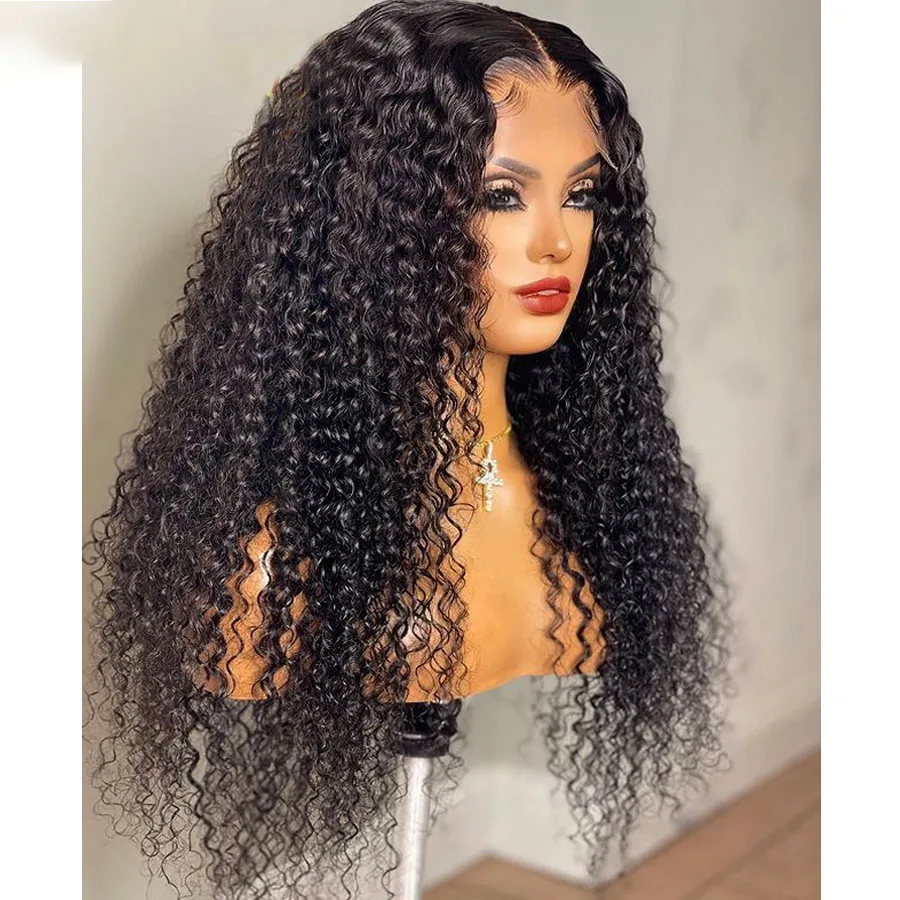 Soft Natural Black Long Glueless Kinky Curly 180Density 26Inch Deep Lace Front Wig For Women With Baby Hair Preplucked Daily