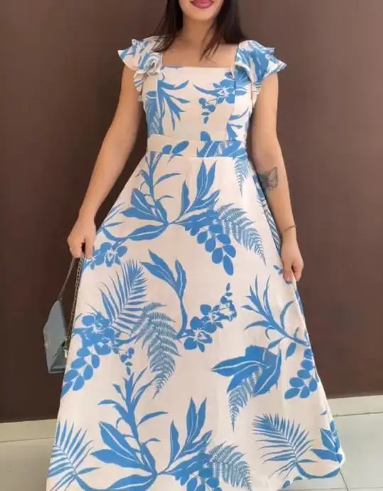 

Summer Square Collar Casual Plant Print Ruffled Shoulder Strap Design High Waisted Dress for Women Elegant A-Line Backless Dress