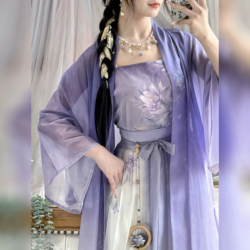 Chinese Hanfu Dress Women Elegant Halloween Cosplay Costume Modern Improved Ancient Purple Print 3pcs Sets Plus Size Retro Suit