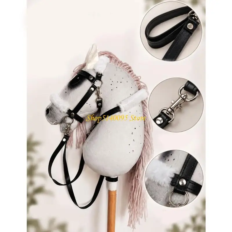 DXAE Handheld Horse Character with a White Speckled Head, Long Pink Yarn Fringe, Plush Trim, Black Bridle and Reins for