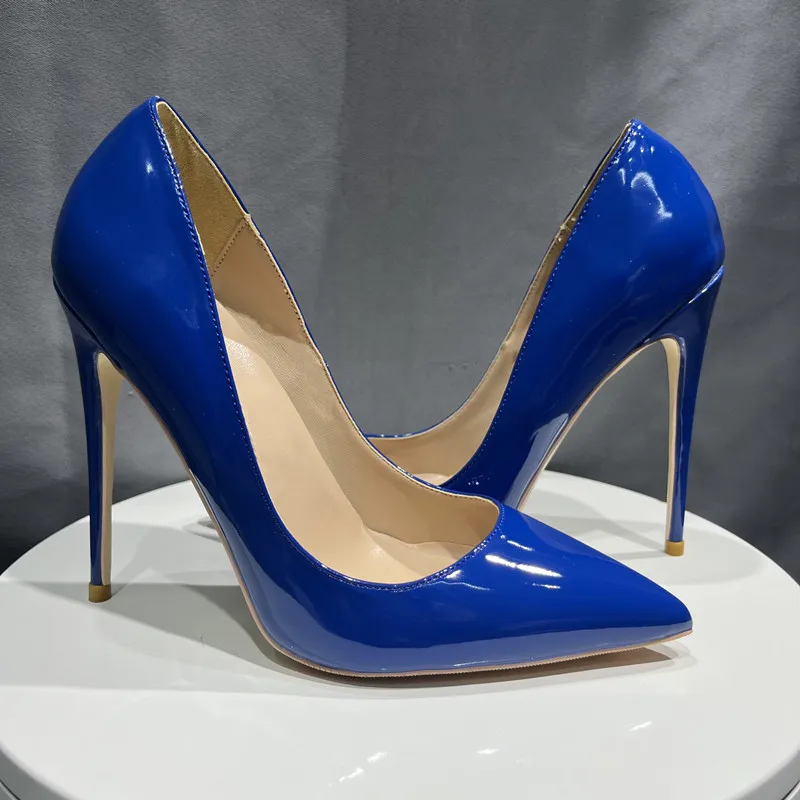 Heelgoo-Escarpins à talons hauts pointus pour femmes, chaussures provoqué à enfiler, bleu verni, sexy, designer de fête, basique