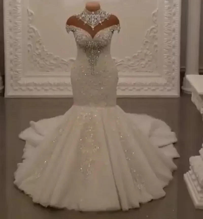 Robe de Mariée Sirène Arabe de Dubaï, Tenue Éducative à Col Haut, avec Perles de Clip, pour les Patients, quel que soit le Personnalisé, 2024