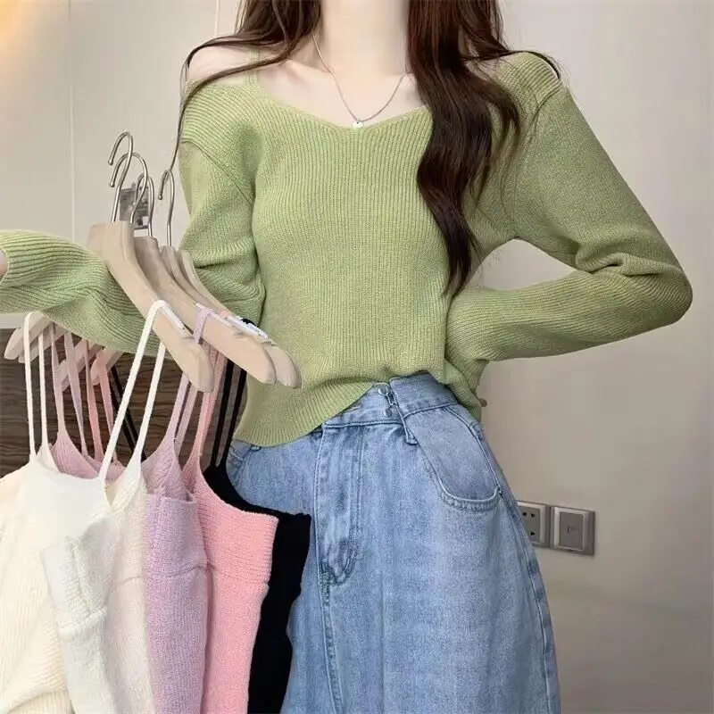 

One-shoulder Top French Green Sweater Women 2025 New Spring Long-sleeved Inner