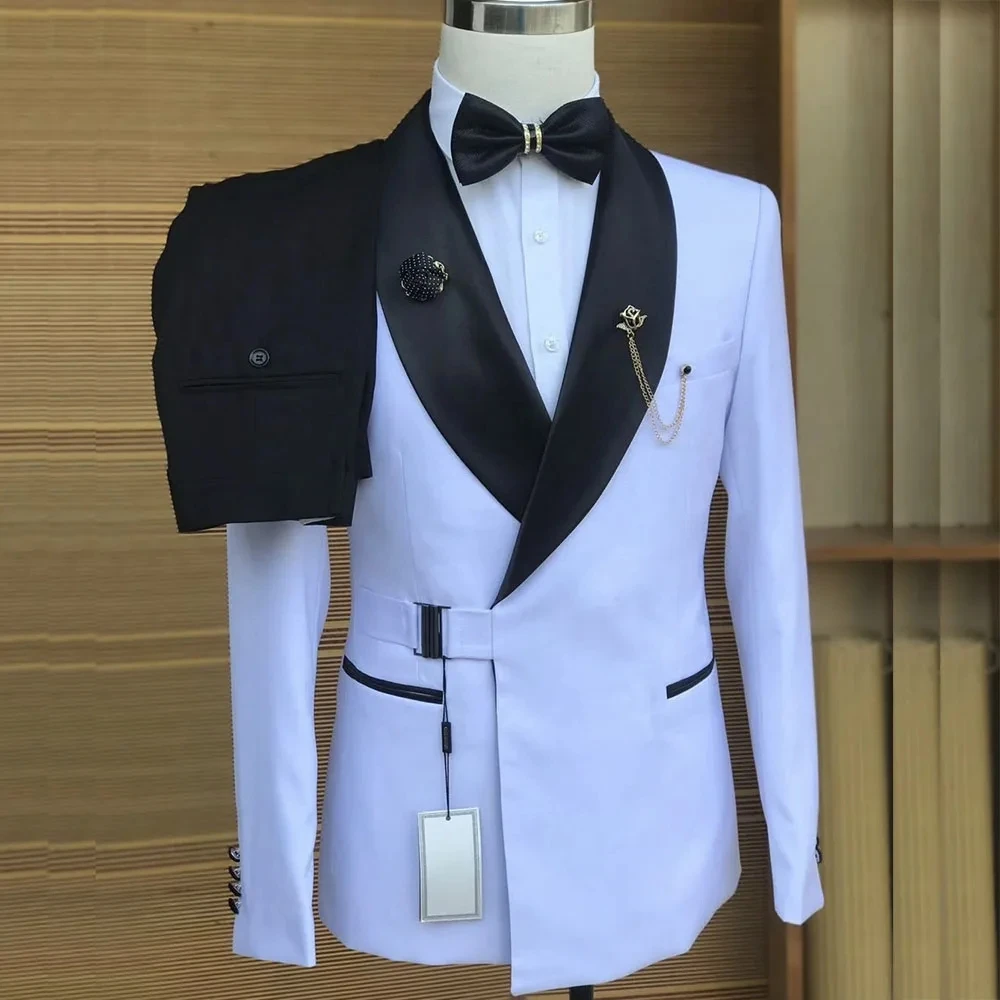 

White Jacket Black Pants Sets Men's Suits 2 Pieces Wedding Groom Buckle Outfits Shawl Lapel Slim Fit Tailored Male Clothing
