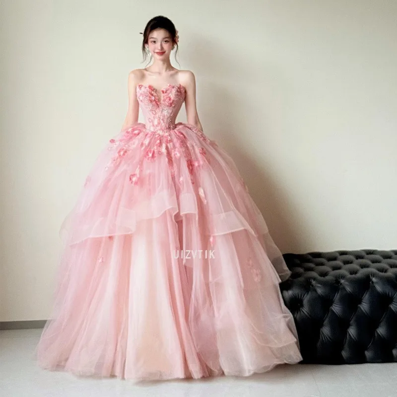 Luxo floral appliqued vestido de festa de casamento feminino elegante rosa sem alças vestido de baile até o chão a linha puff vestidos de noite