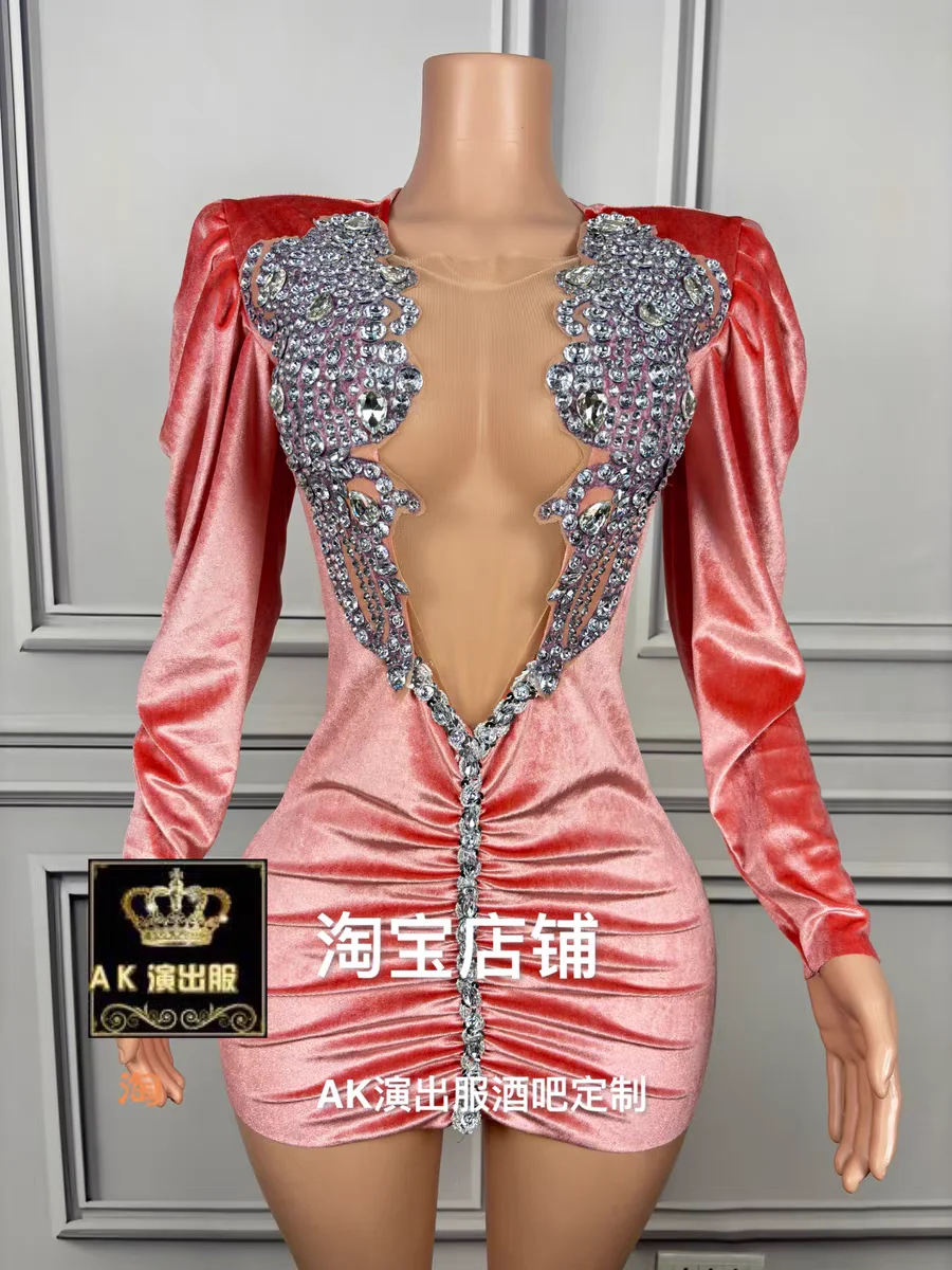 Full Diamond Slim Fit Long Sleeved Short Skirt Bar Nightclub Female Singer Leading Dance Sexy Stage Clothing Party Theme Show