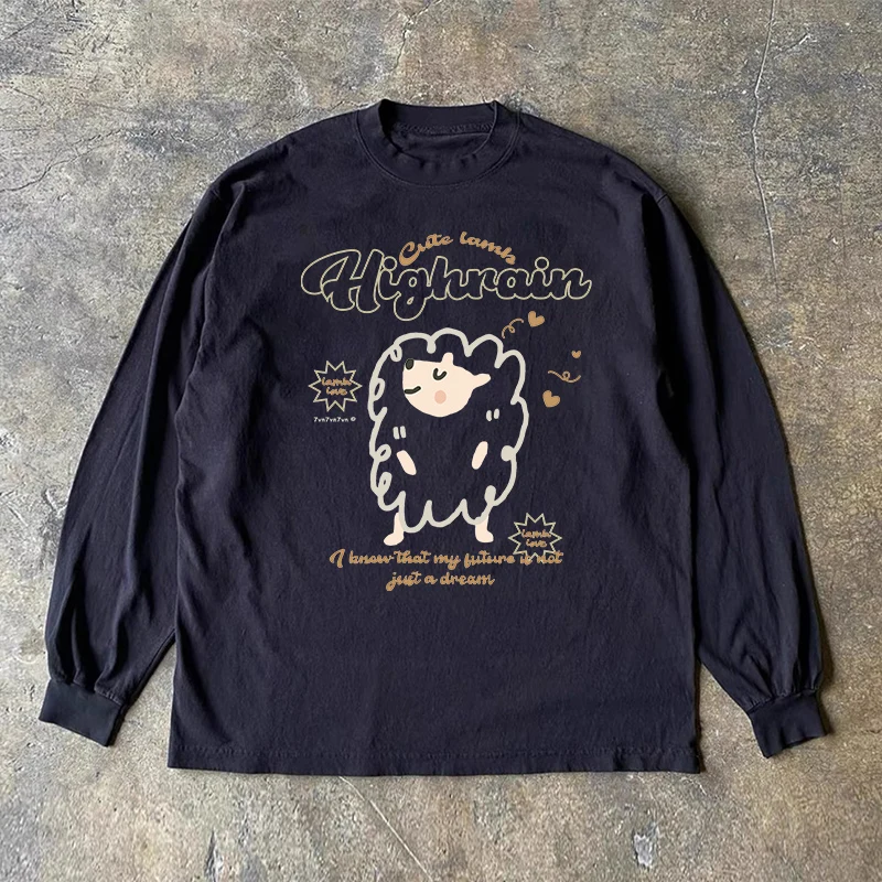 ヘビーウェイト300g純綿長袖tシャツ-キュートなハリネズミ文字デザイン-レトロスタイルトップス-トレンド服飾アクセサリー