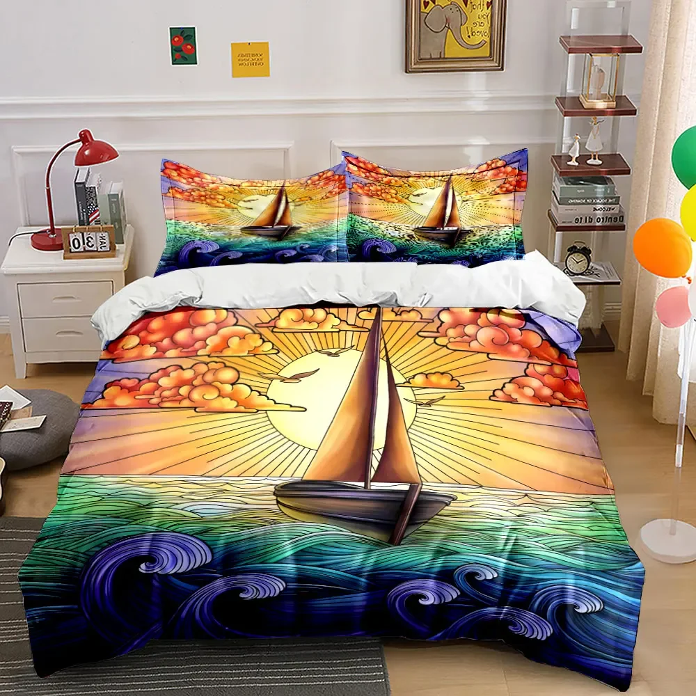 Sailing Sunset Ocean Decor Soft Comfortable Duvet Cover Bedding Set Included 1*Duvet Cover & 2*Pillowcases, gift