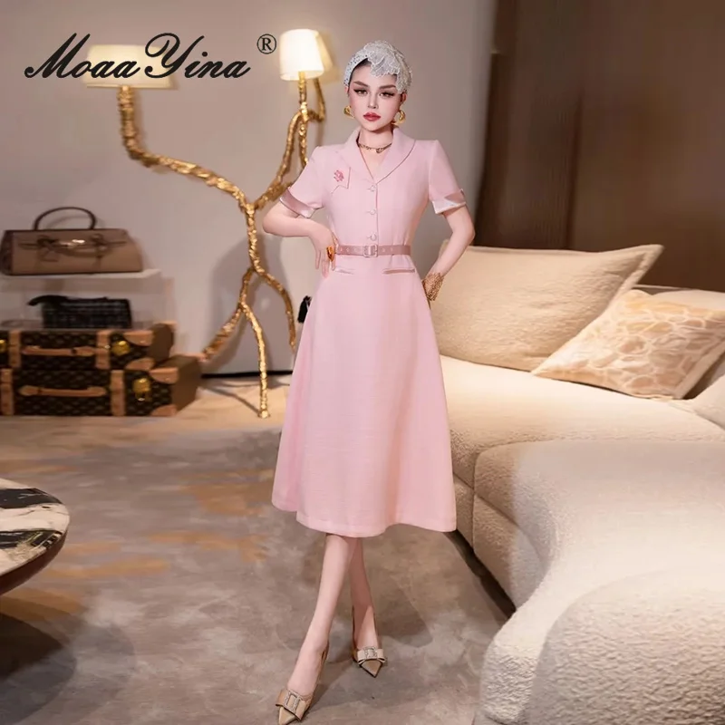 فستان MoaaYina لخريف 2025 للنساء بياقة وأكمام قصيرة وخصر مشدود متوسط الطول وأربطة #4