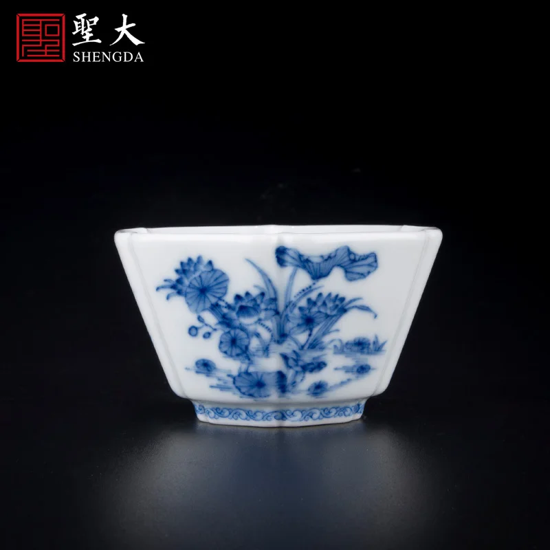 |kiln blue and white flower pattern hexagonal cup Jingdezhen pure manual painting porcelain Kung Fu tea cup tea cup