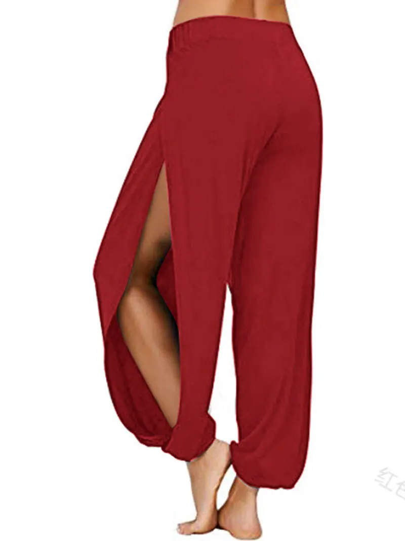 Hip Hop Style Women Harem Pants High Waist Side Slit Design Wide Leg Casual Trousers Solid Color Dance Pants
