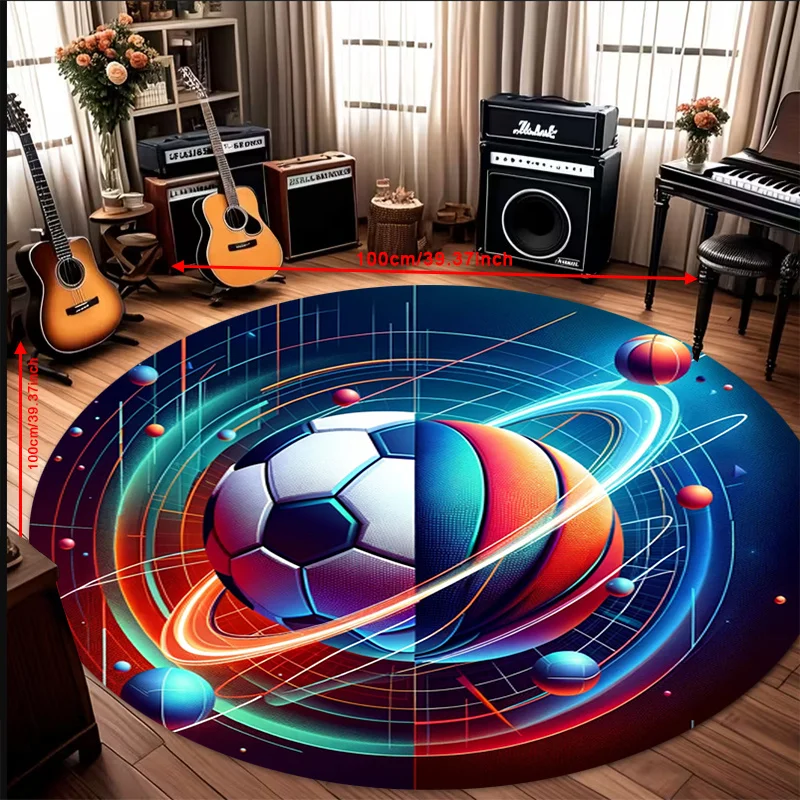 Flannel Printed Round Rug With Soccer Ball And Planet Design For Kids Room Or Outdoor Patio Space Theme Decor Soft Non Slip