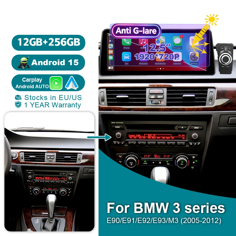 Wondefoo 12G 256G Android 15 AUTO Car Radio 12.5” Screen Wireless Carplay Stereo For BMW 3 Series E90 E91 E92 E93 idriver 2005-2012 Bluetooth Accessoriy  Autoradio 2 DIN Multimedia Player Navigation GPS