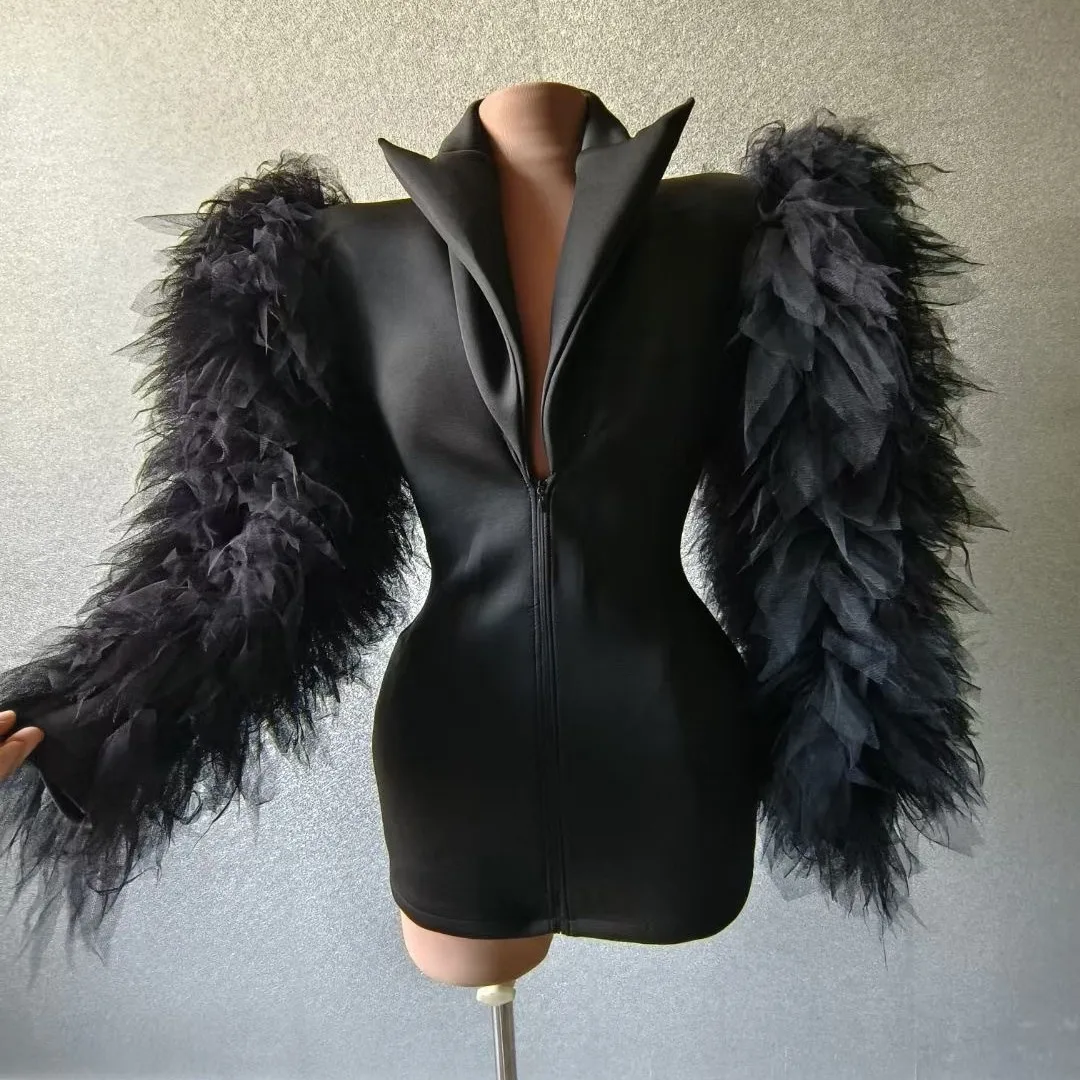 

Mesh Sleeve Stage Dress High Street Party Suit Female Host Performance Outfit Celebrity Clubwear платье черное с вырезом на ноге