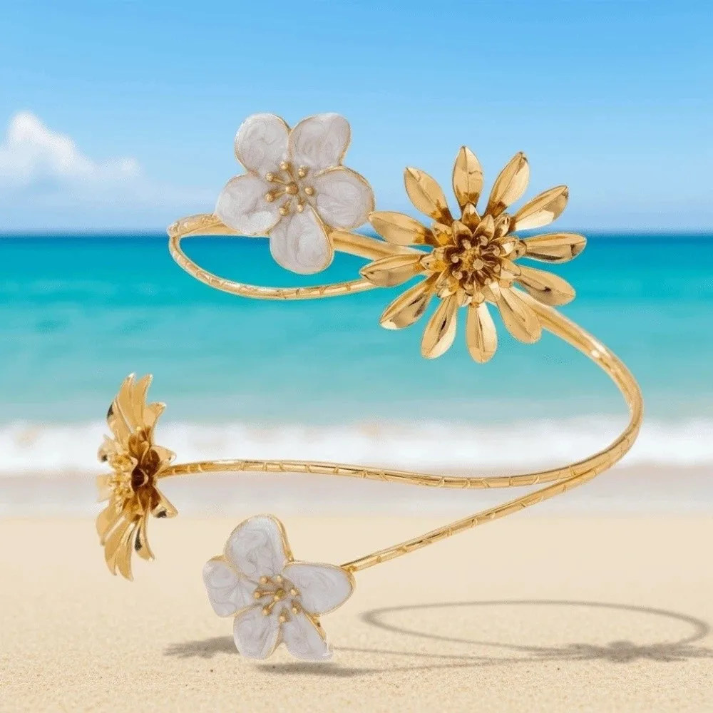 Enamel Glaze Flower Bracelet Alloy Chrysanthemum Armlet Adjustable Open Arm Bangle Irregular Exaggerated Apricot Blossom Armband