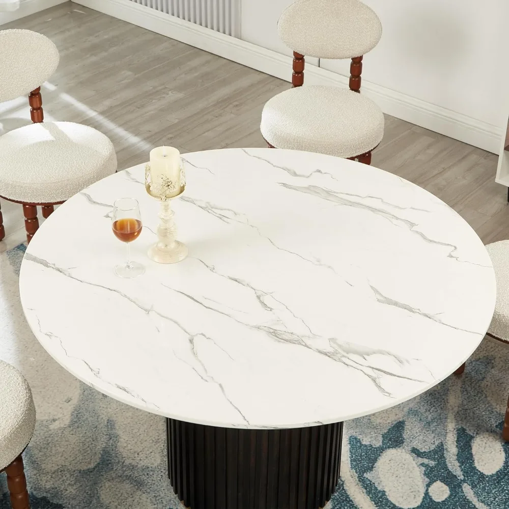 طاولة طعام مستديرة مقاس 48 بوصة لـ 4-6، طاولة مطبخ خشبية حديثة مع سطح رخامي مستدير وقاعدة على شكل برميل يدوية لغرفة الطعام