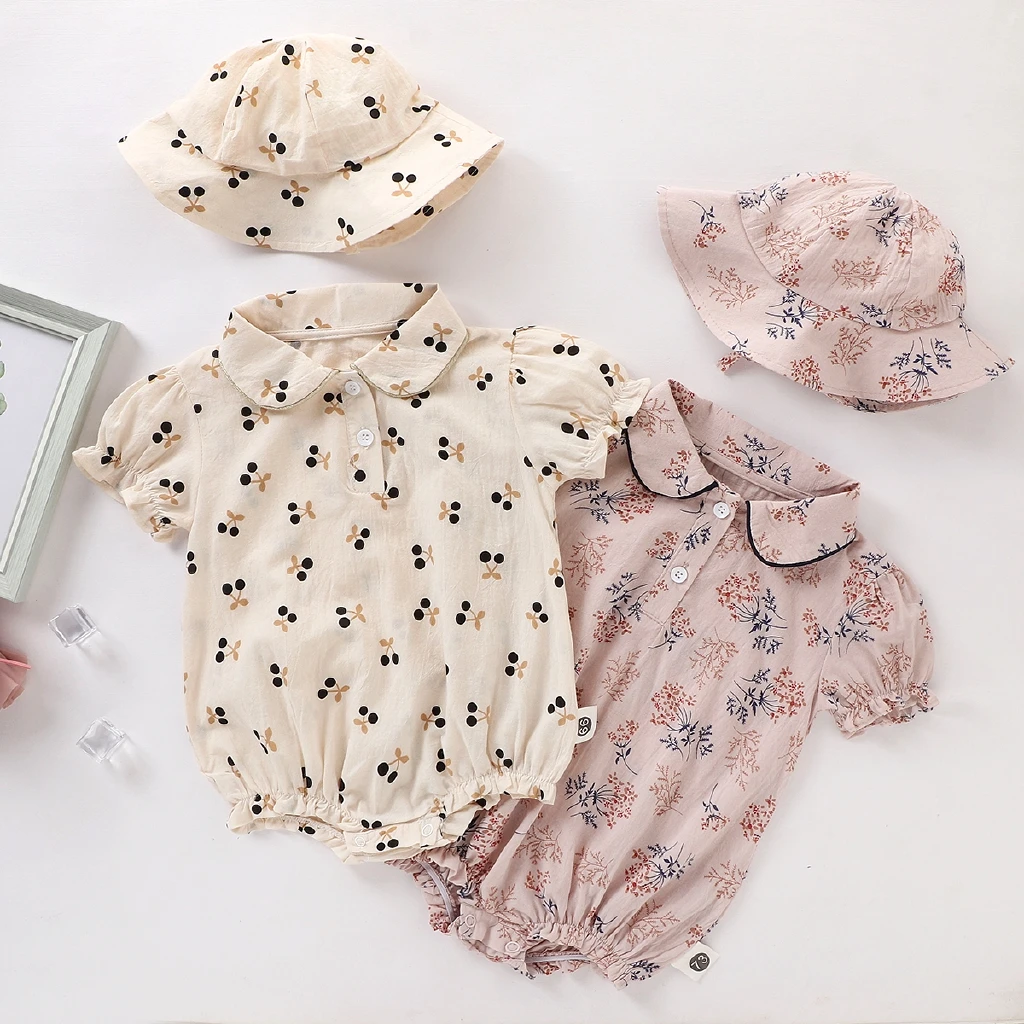 Infant Lovely 2PCs Baby Cute Cherry Princess Romper Baby Girl Sweet Short-sleeved Jumpsuit +Hat Summer Outfit