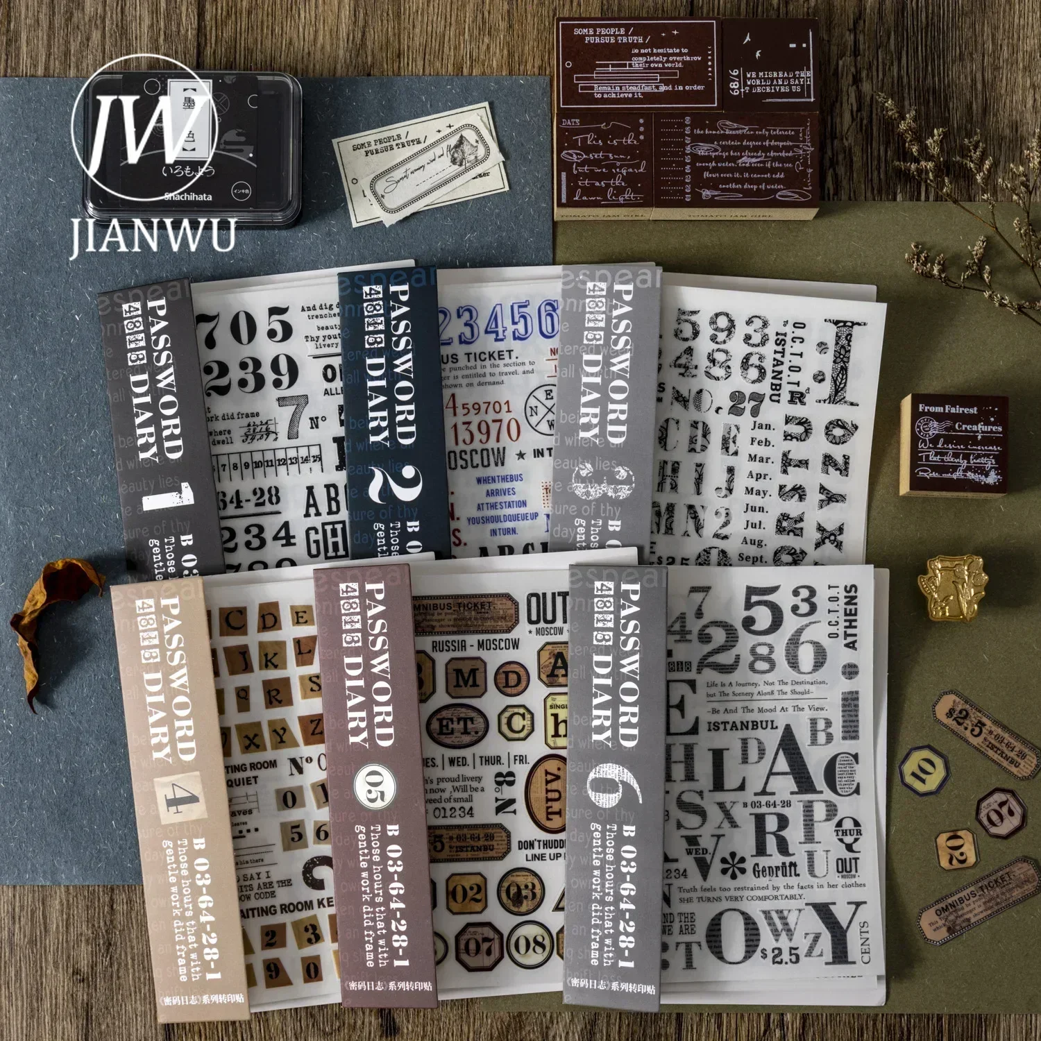 JIANWU Password Journal Series Vintage Number Label Material Collage PVC Transfer Sticker Creative DIY Journal Stationery