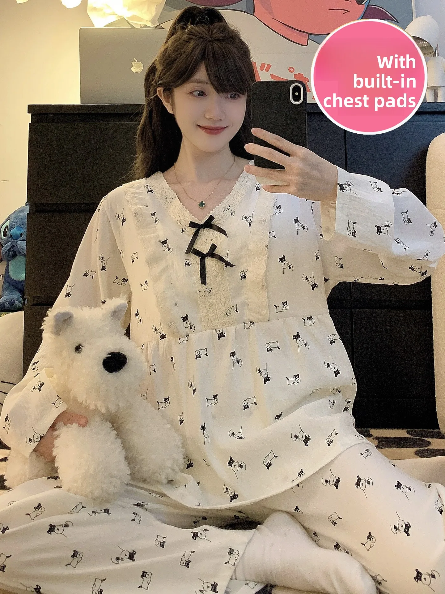 Cloud Cotton Long Sleeve Sleepwear Set for Women plus Size Home Clothes Plaid Design Comfortable Breathable V-Neck with Chest...