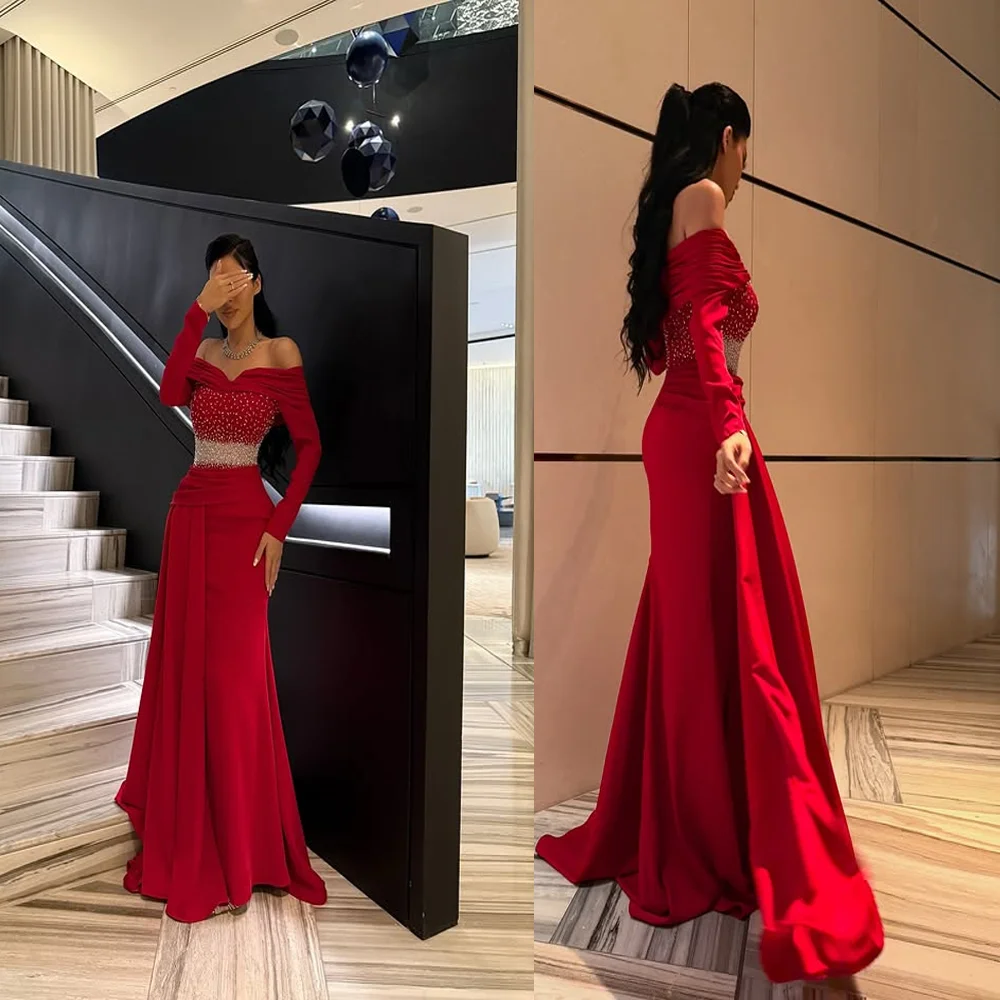 샤론 사우디 뉴 스타일 여성용 새틴 이브닝 드레스 긴팔 크리스탈 시스 백리스 롱 프롬 가운 스윕 코트 맞춤 제작