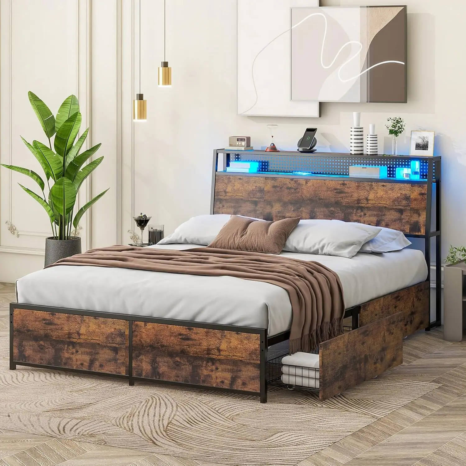 Queen Bed Frame with 4 Drawers, Metal Platform Bed Frame with Charging Station & LED Lights, Sturdy, Noise Free