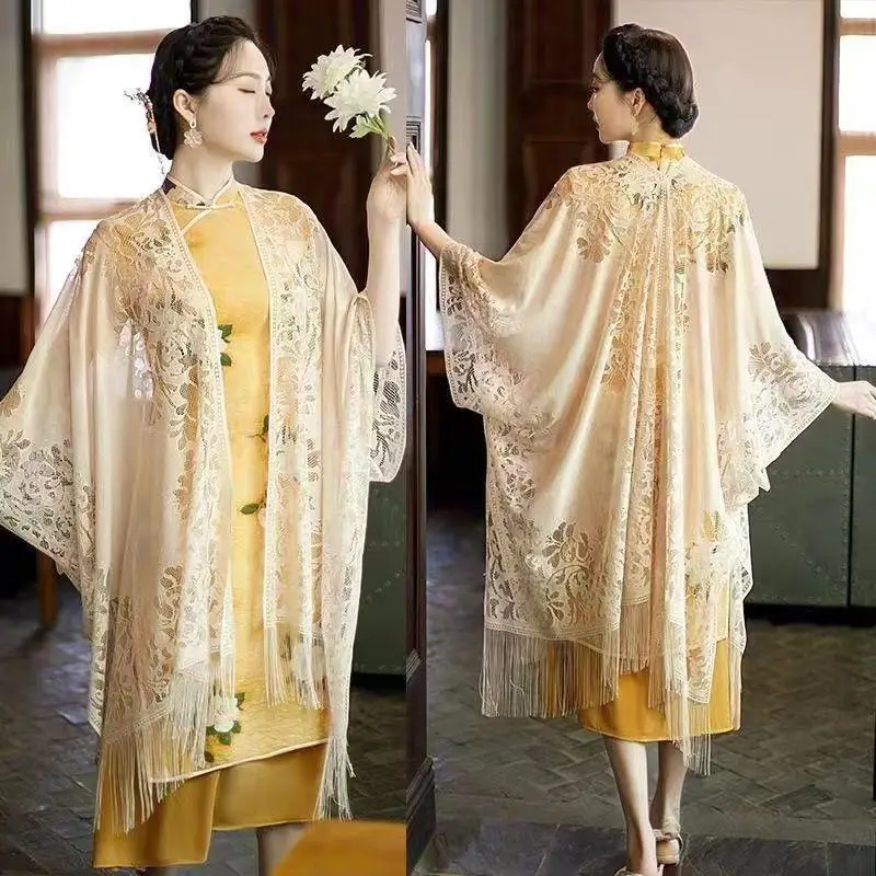 

2024 Sunscreen Lace Hollow Tassels Wedding Accessories Cloak Pearls Wedding Cape Short Front Women Wrap Cape Wrap Shawl YC793