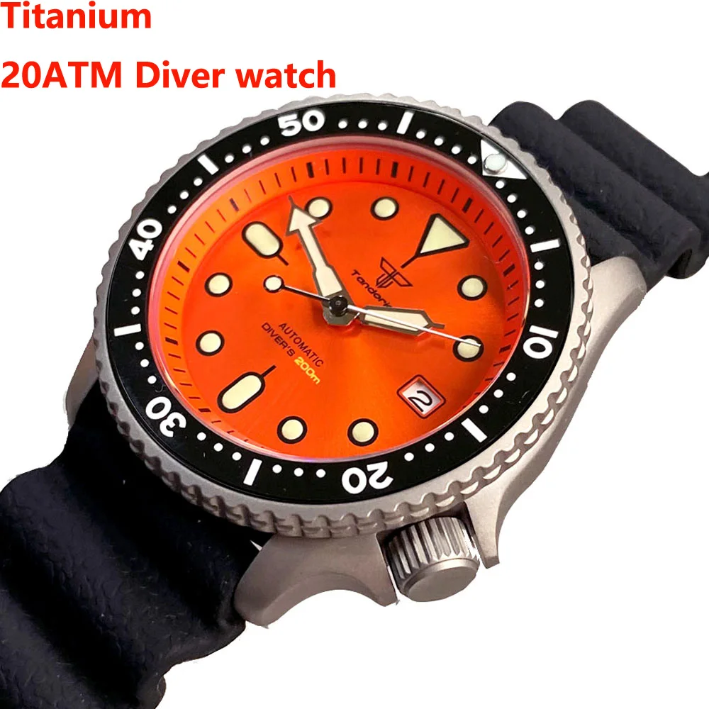 Tandorio 41mm Titanium NH35 Men Watch Orange Dial 89.6g Light 20Bar Sapphire Glass 3.8 O'clock Date Rubber Strap