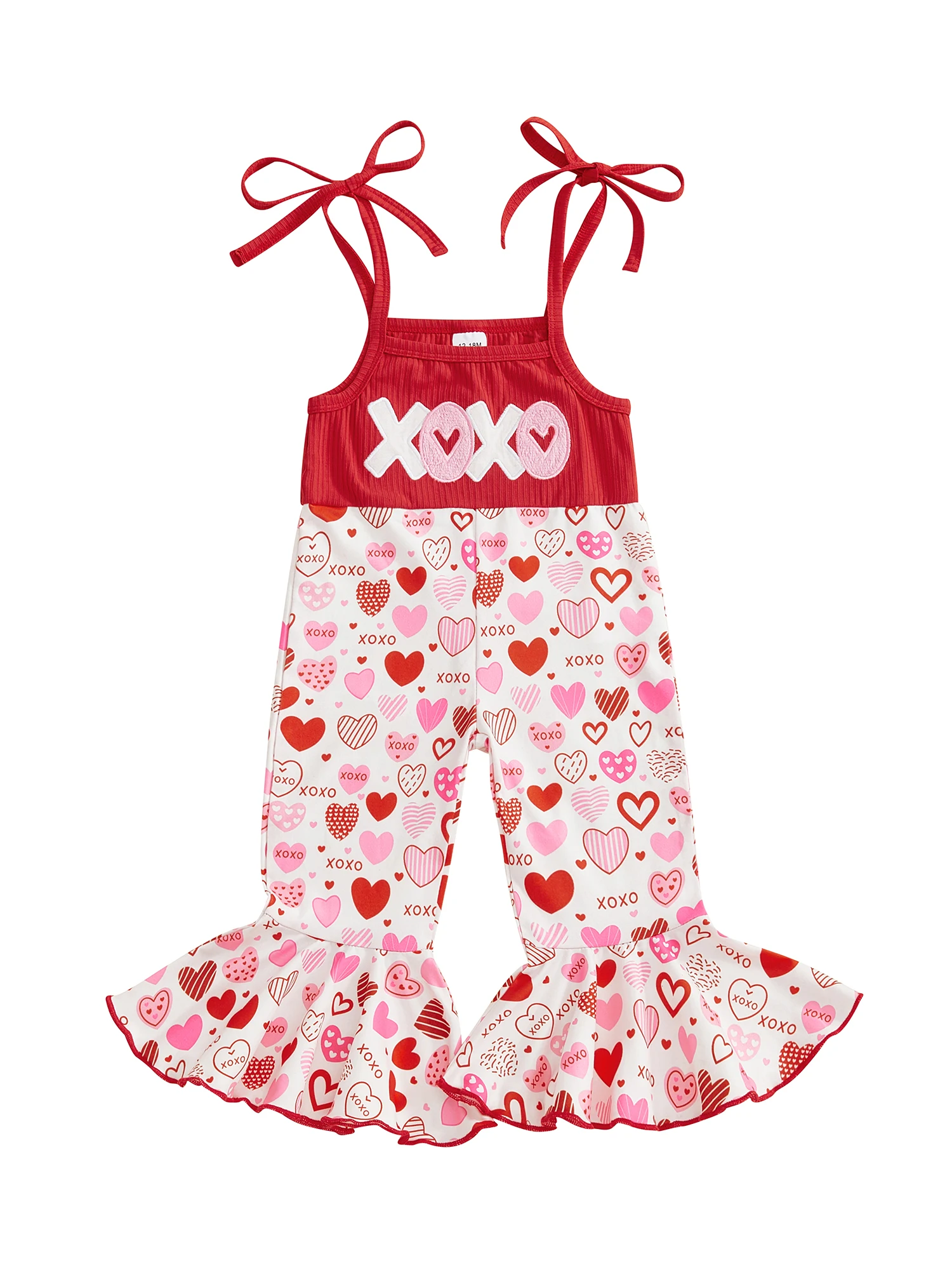 

Adorable Baby Girl Valentine s Day Jumpsuit with Heart Print Sleeveless Design Tie-up Straps and Flared Bell Bottoms