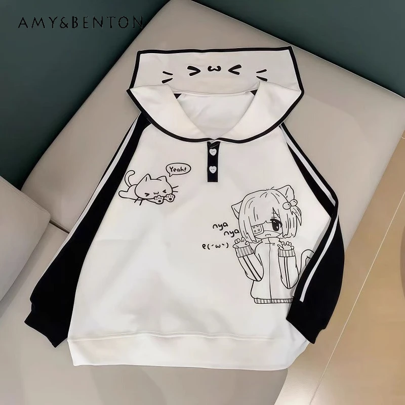 

Japanese Style Anime Print Navy Collar Patchwork Kawaii Hoodies Sweet Cute Loose Casual Long Sleeve Sweatshirt Women Autumn New