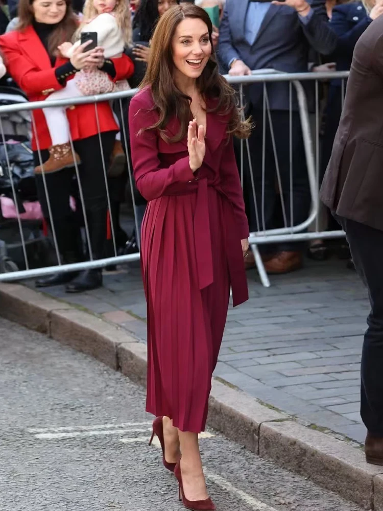 Kate Middleton Princess Windbreaker Wine Red Black Lace Up Pleated Elegant Casual Vintage Chic Office Gentlewoman Trench Coat