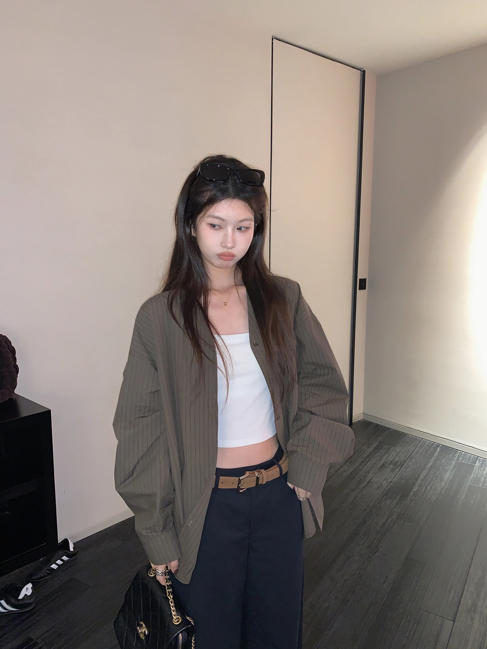 

Женская свободная рубашка в полоску с длинными рукавами и V-образным вырезом, повседневный дышащий тонкий хлопковый осенний топ, открытый кардиган для повседневной носки