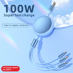 3-in-1 100W 6A Fast Charging USB To Type-C Micro Retractable Fast Charger Cable For iPhone 15 13 11 Samsung Xiaomi Huawei Redmi