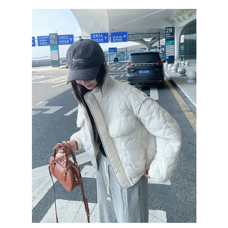 Design Drawstring Waist-Fitted Short Cotton Jacket Loose High-Neck Long-Sleeve Outerwear for Women Autumn Winter Quilted Jacket