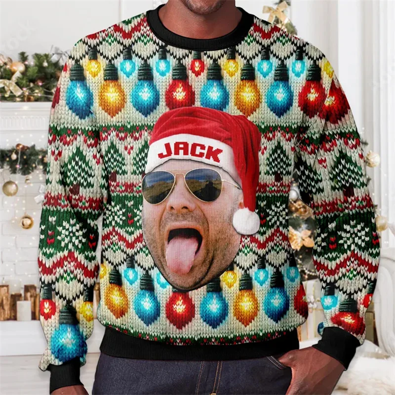 3D Printed Christmas Personalized Customization Sweatshirt For Men Family Photos Pattern Pullovers O-Neck Long Sleeve Hoodies