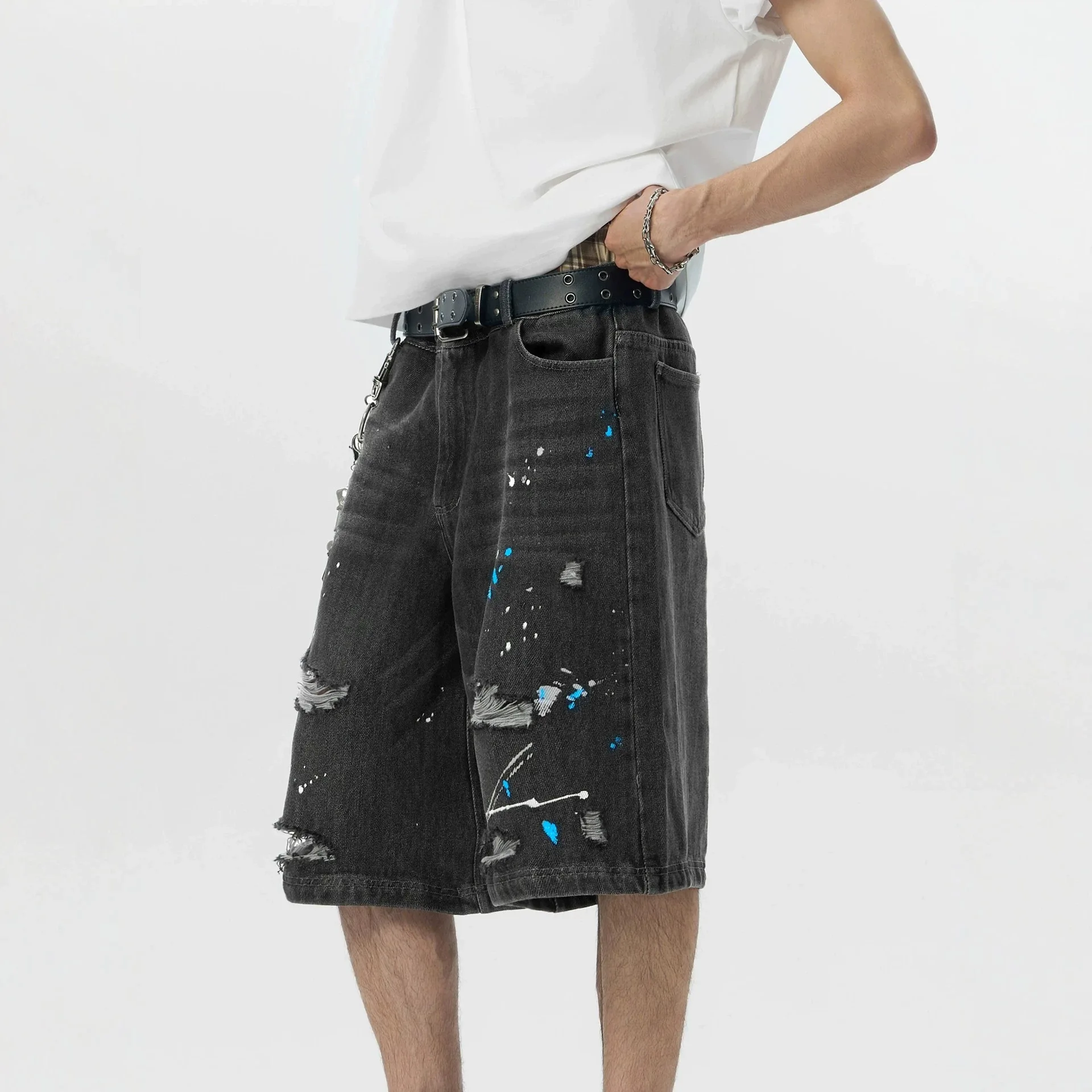 2026 New High-end Design American Ink-splashing Casual Denim Shorts Men's Ripped Trendy Summer Five-point Pants