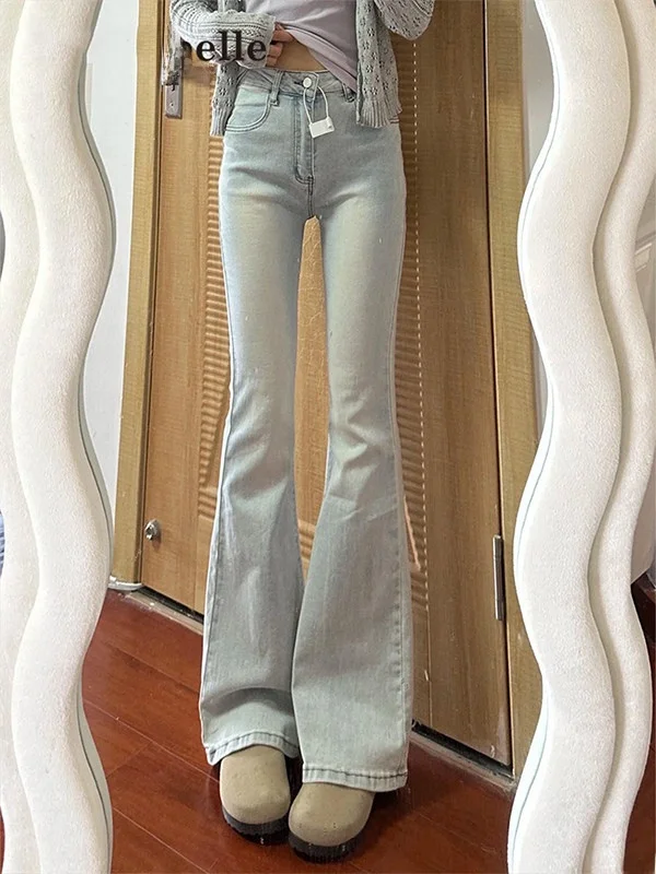 

Spring New Style Women's High Waist Stretchy Light Wash Denim Pants Slimming Micro Flared Jeans Cotton Elastic Casual Trousers