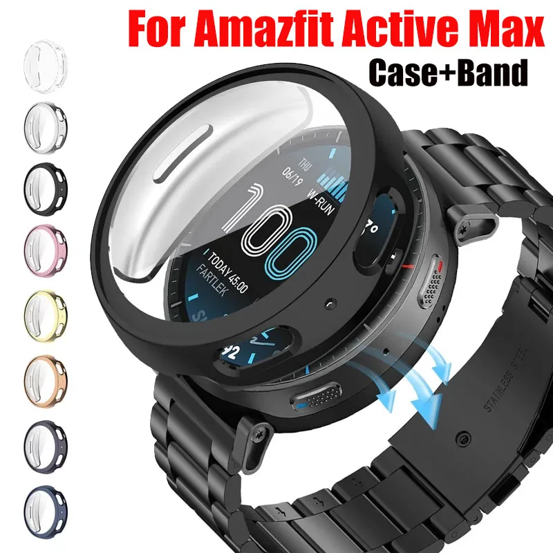 TPU-Hülle + Edelstahl-Metallband für Amazfit Active Max Armband Correa Strap Schutzset für Amazfit Active Max Armband